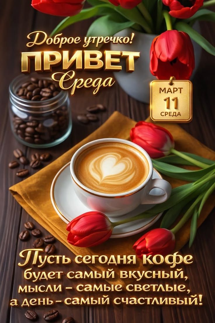 Доброе утречко! Привет, Среда. Март 11, Среда. Пусть сегодня кофе будет самым вкусным, мысли — самыми светлыми, а день — самым счастливым!