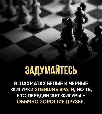 ЗАДУМАЙТЕСЬ В ШАХМАТАХ БЕЛЫЕ И ЧЁРНЫЕ ФИГУРЫ ЗЛЕЙШИЕ ВРАГИ, НО ТЕ, КТО ПЕРЕДВИГАЕТ ФИГУРЫ - ОБЫЧНО ХОРОШИЕ ДРУЗЬЯ.