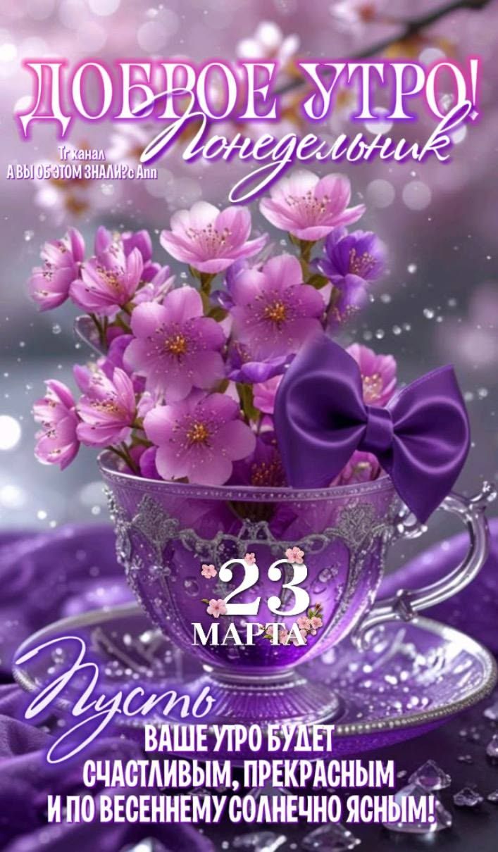 ДОБРОЕ УТРО! Понедельник Тг канал А ВЫ ОБ ЭТОМ ЗНАЛИ? Ann 23 МАРТА Пусть ВАШЕ УТРО БУДЕТ СЧАСТЛИВЫМ, ПРЕКРАСНЫМ И ПО ВЕСЕННЕМУ СОЛНЕЧНО ЯСНЫМ!