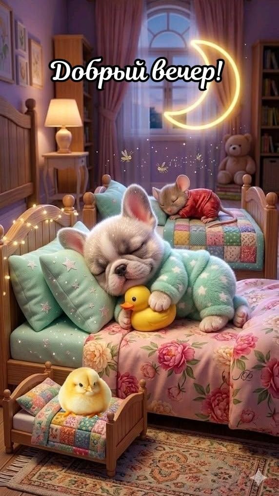 Добрый вечер! Щенок, мышь и цыпленок спят в кроватях. Щенок обнимает резиновую уточку.