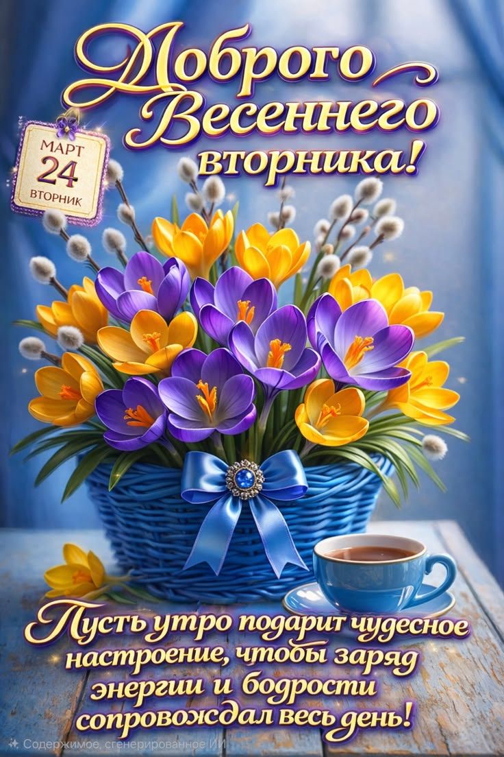 Доброго Весеннего вторника! МАРТ 24 ВТОРНИК. Пусть утро подарит чудесное настроение, чтобы заряд энергии и бодрости сопровождал весь день! Содержимое, сгенерированное ИИ.