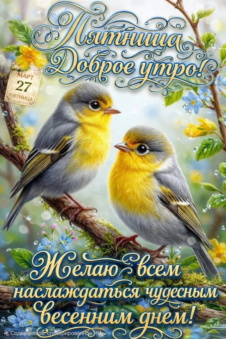 Пятница Доброе утро! МАРТ 27 ПЯТНИЦА Желаю всем наслаждаться чудесным весенним днем! Содержимое сгенерировано ИИ
