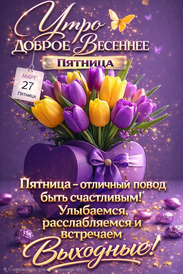 Утро доброе Весеннее Пятница Март 27 Пятница Пятница - отличный повод быть счастливым! Улыбаемся, расслабляемся и встречаем Выходные! Содержимое, сгенерированное ИИ