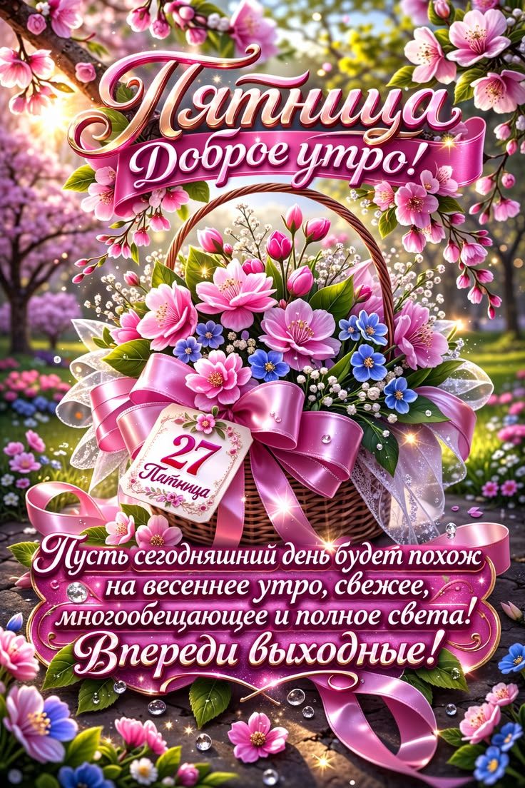 Пятница Доброе утро! 27 Пятница Пусть сегодняшний день будет похож на весеннее утро, свежее, многообещающее и полное света! Впереди выходные!