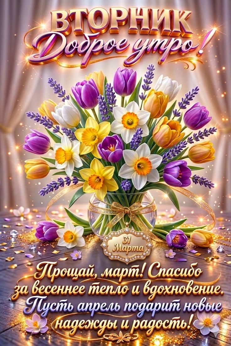 ВТОРНИК Доброе утро! 31 Марта Прощай, март! Спасибо за весеннее тепло и вдохновение. Пусть апрель подарит новые надежды и радость!