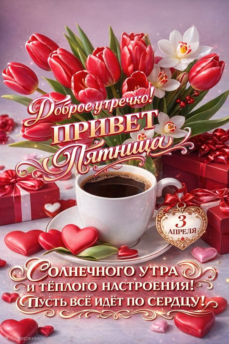 Доброе утречко! ПРИВЕТ Пятница 3 АПРЕЛЯ Солнечного утра и тёплого настроения! Пусть всё идёт по сердцу!