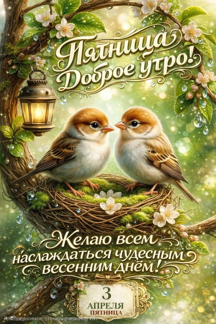Пятница Доброе утро! Желаю всем наслаждаться чудесным весенним днём! 3 АПРЕЛЯ ПЯТНИЦА Содержимое, сгенерированное ИИ