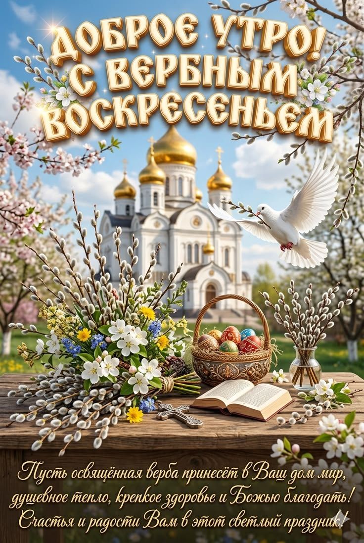 ДОБРОЕ УТРО! С ВЕРБНЫМ ВОСКРЕСЕНЬЕМ. Пусть освящённая верба принесёт в Ваш дом мир, душевное тепло, крепкое здоровье и Божью благодать! Счастья и радости Вам в этот светлый праздник!