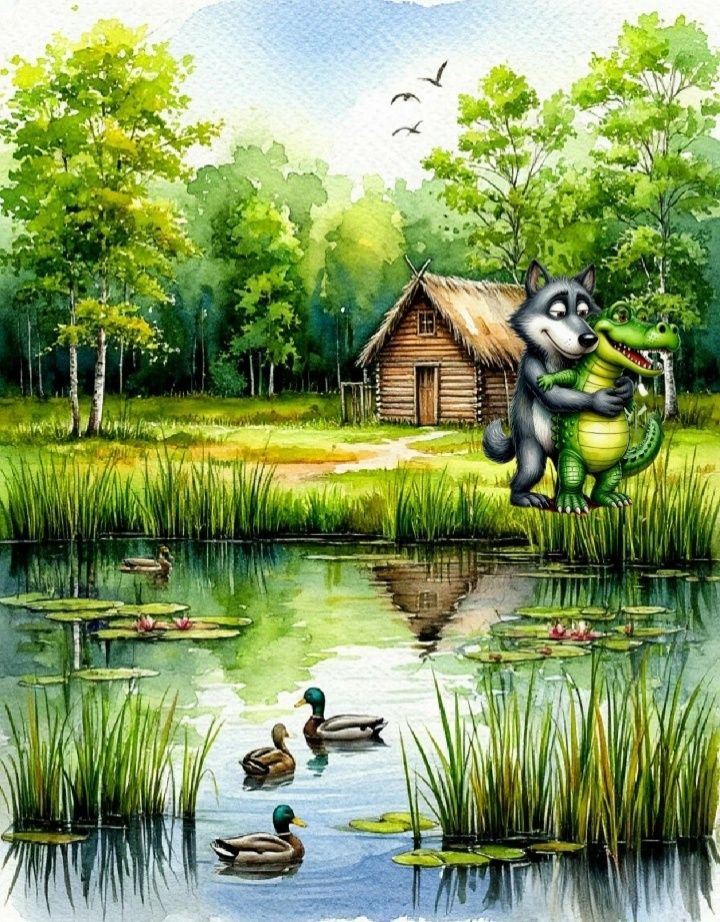 Звериная сцена: волк обнимает крокодила у пруда на лесном берегу возле домика.