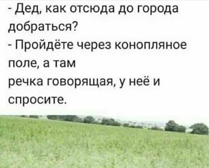 Дед как отсюда до города добраться Пройдёте через конопляное поле а там речка говорящая у неё и спросите _1іт_ ь_ ___ 4