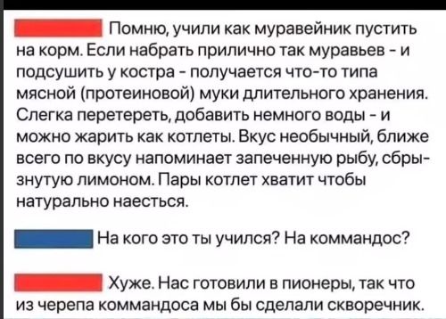 ПНННННННИ Помнюо учили как муравейник пустить на корм Если набрать прилично так муравьев и подсушить у костра получается что то типа мясной протеиновой муки длительного хранения Слегка перетереть добавить немного воды и можно жарить как котлеты Вкус необычный ближе всего по вкусу напоминает запеченную рыбу сбры знутую лимоном Пары котлет хватит что