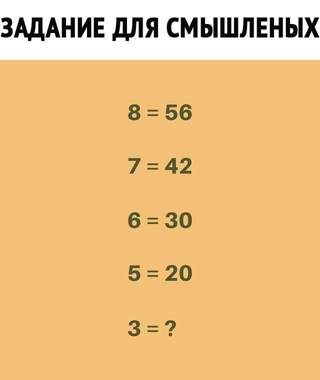 ЗАДАНИЕ ДЛЯ СМЫШЛЕНЫХ 8 = 56 7 = 42 6 = 30 5 = 20 3 = ?