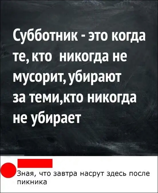 Субботник это когда те кто никогда не мусорит убирают за темикто никогда не убирает Зная ЧТО завтра НЭСРУТ ЗДЕСЬ ПОСЛЕ ПИКНИКЗ