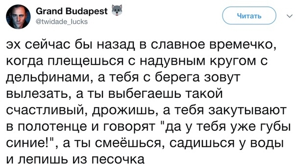 Этапа Вшіареэі _ ч питать аты тмин эх сейчас бы назад в славное времечко когда плещешься с надувным кругом с дельфинами а тебя с берега зовут вылезать а ты выбегаешь такой счастливый дрожишь а тебя закутывают в полотенце и говорят да у тебя уже губы синие а ты смеешься садишься у воды и пепишь из песочка