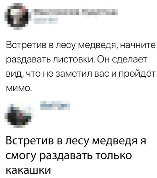 Встретив в лесу медведя начните раздавать листовки Он сделает вид что не заметил вас и пройдёт мимо ВСТРЭТИВ В ЛЕСУ МЕДВЕДЯ Я СМОГУ разда ВдТЬ ТОЛЬКО Кд КдШ КИ