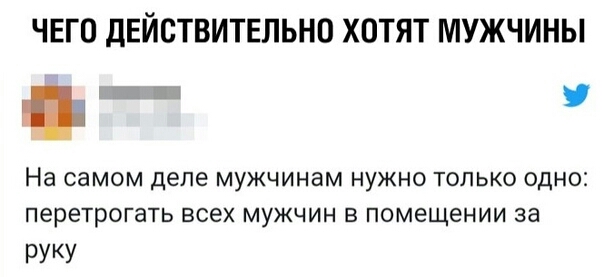ЧЕГО ДЕЙСТВИТЕЛЬНО ХОТЯТ МУЖЧИНЫ На самом деле мужчинам нужно только одно перетрогать всех мужчин в помещении за РУКУ