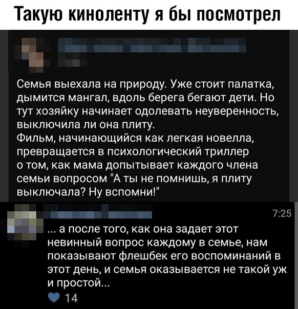 Такую киноленту я бы посмотрел Семья выехала на природу Уже стоит палатка дымится мангал вдоль берега бегают дети Но тут хозяйку начинает одолевать неуверенность выключила ли она плиту Фильм начинающийся как легкая новелла превращается в психологический триллер том как мама допытывает каждого члена семьи вопросом А ты не помнишь я ппиту выключена Ну вспомни и 7 т а после того как она задает этот н