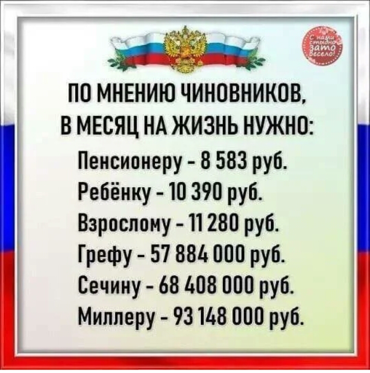 ПО МНЕНИЮ ЧИНОВНИКОВ В МЕСЯЦ НА ЖИЗНЬ НУЖНО Пенсионеру 8 583 руб Ребёнку 10 390 руб Взроспому 11 280 руб Грефу 57 884 000 руб Сечину 68 408 000 руб 1 Миллеру 93 118 000 руб