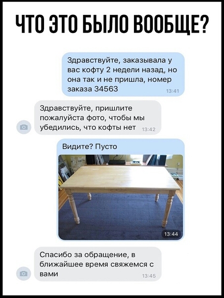 ЧТО ЭТП БЫЛП ВООБЩЕ Здравствуйте заказывала у вас коФту 2 недели назад но она так и не пришла номер заказа 34563 вдраашеуйте пришлите пожалуйте Фото чтобы мы убедились что кофты нет Видите Пусто Спасибо за обращение в ближайшее время свяжемся с вами