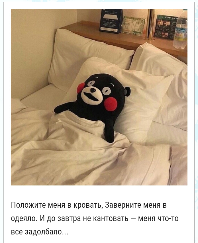 Положите меня В КРОВЭТЬ ЗЭВЭРНИТЕ меня В одеяло И до завтра не кантовать меня что то все задолбало