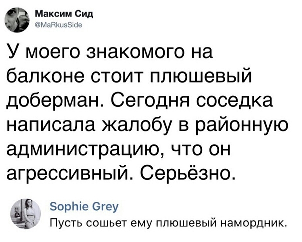 3 так У моего знакомого на балконе стоит плюшевый доберман Сегодня соседка написала жалобу в районную администрацию что он агрессивный Серьёзно С ЗорЬіе Эгеу Пусть сошьет ему плюшевый намордник