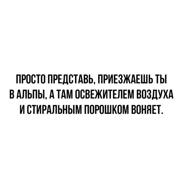 ПРОСТО ПРЕДСТАВЬ ПРИЕЗЖАЕШЬ ТЫ В АЛЬПЫ А ТАМ ПСВЕЖИТЕЛЕМ ВОЗДУХА И СТИРАЛЬНЫМ ППРПШКОМ ВПНЯЕТ