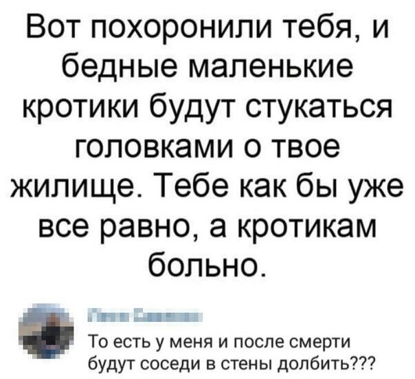 Вот похоронили тебя и бедные маленькие кротики будут стукаться головками о твое жилище Тебе как бы уже все равно а кротикам больно і То есть у меня и после смерти будут соседи в стены долбить