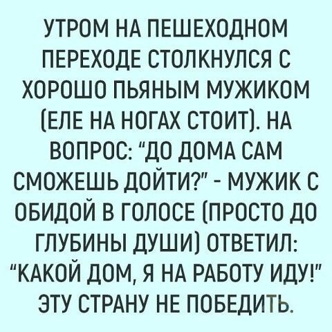 УТРОМ НА ПЕШЕХОДНОМ ПЕРЕХОДЕ СТОЛКНУЛСЯ С ХОРОШО ПЬЯНЫМ МУЖИКОМ ЕЛЕ НА НОГАХ СТОИТ НА ВОПРОС ДО ДОМА САМ СМОЖЕШЬ ДОЙТИ МУЖИК С ОБИДОЙ В ГОЛОСЕ ПРОСТО ДО ГЛУБИНЫ ДУШИ ОТВЕТИЛ КАКОЙ ДОМ Я НА РАБОТУ ИДУ ЭТУ СТРАНУ НЕ ПОБЕДИТЬ