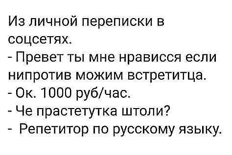Из личной переписки в соцсетях Превет ты мне нрависся если нипротив можим встретитца Ок 1000 рубчас Че прастетутка штопи Репетитор по русскому языку
