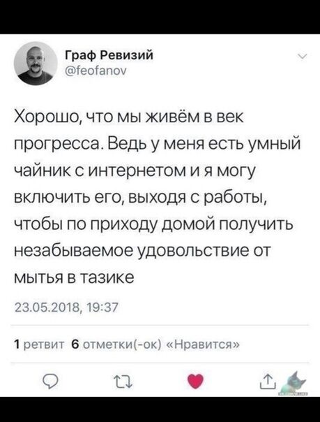 і Граф Ревизий тціГ тж Хорошо что мы живём в век прогресса Ведь у меня есть умный чайник с интернетом и я могу включить его выходя с работы чтобы по приходу домой получить незабываемое удовольствие от мытья в тазике _ч1тч