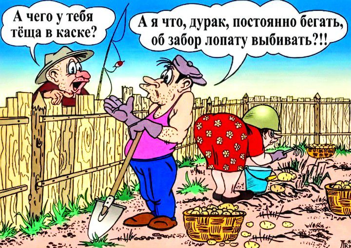 А чего у тебя тёща в каске? А я что, дурак, постоянно бегать, об забор лопату выбивать?!!