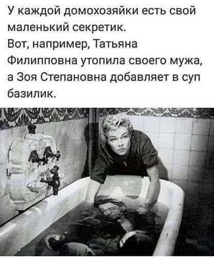 У каждой домохозяйки есть свой маленький секретик Вот например Татьяна Филипповна утопипа своего мужа а Зоя Степановна добавляет в суп базилик