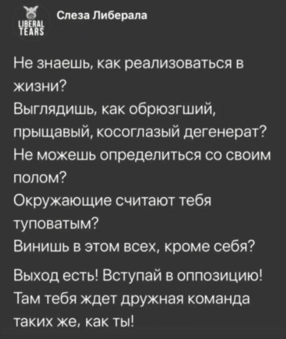 Слои Либерии Не знаешь как реализоваться в жизни Выглядишь как обрюзгший прыщавый косоглазый дегенерат Не можешь определиться со своим полом Окружающие считают тебя туповатым Винишь в этом всех кроме себя Выход есть Вступай в оппозицию Там тебя ждет дрУжная команда таких же как ты
