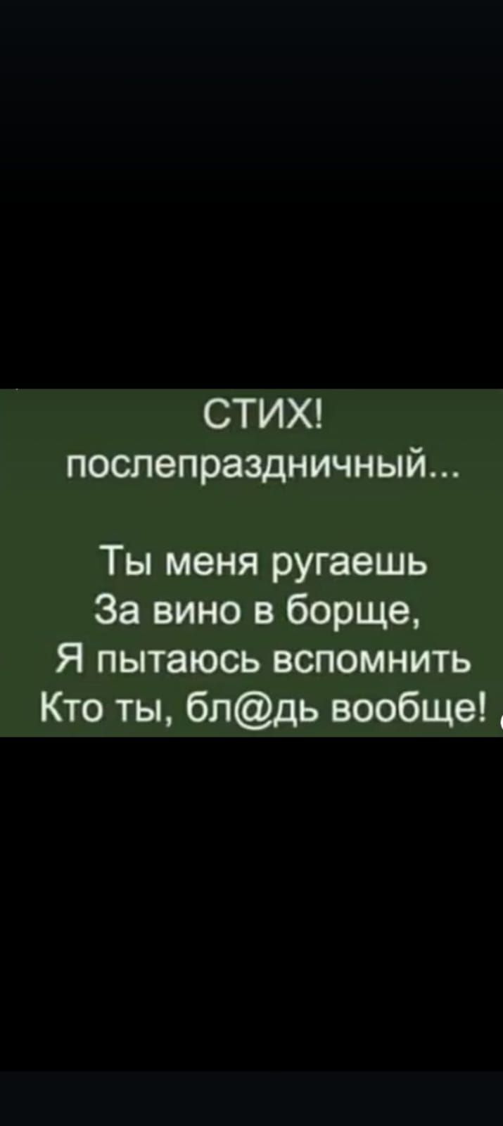СТИХ послепраздничный Ты меня ругаешь За вино в борще Я пытаюсь вспомнить Кто ты блдь вообще