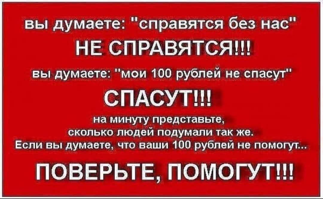 вы думаете справятся без нас НЕ СПРАВЯТСЯ вы думаете мои 100 рублей не спасут СПАСУТ на минуту представьте сколько людей подумали так же Если вы думаете что ваши 100 рублей не помогут ПОВЕРЬТЕ ПОМОГУТ