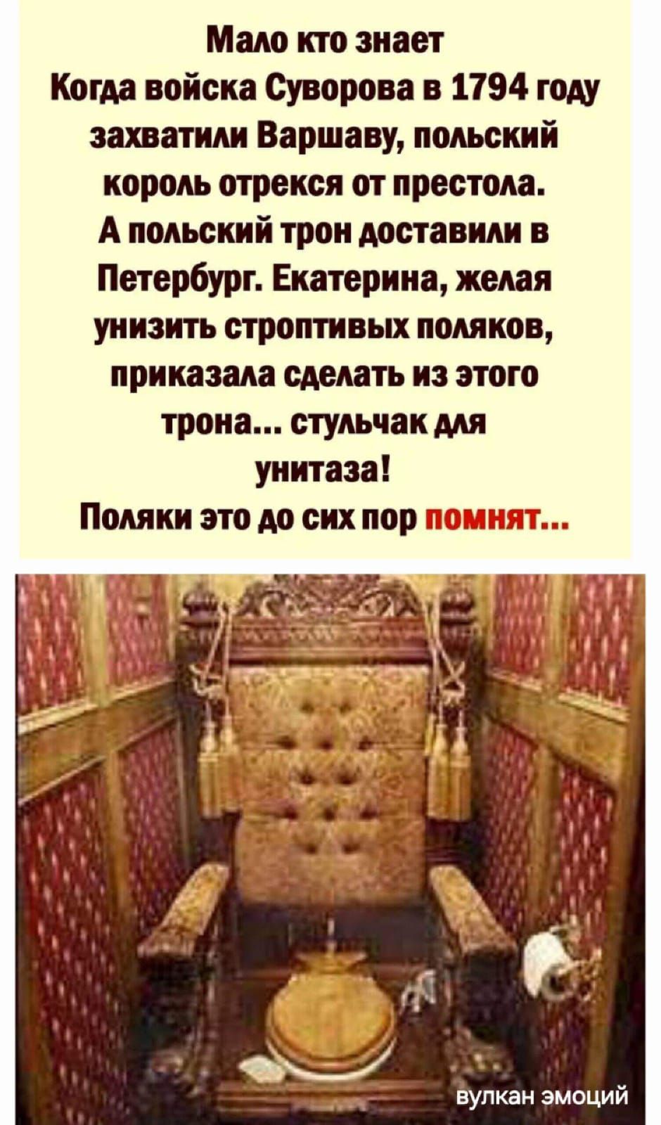 Мало кто знает Когда войска Суворова в 1794 году захватили Варшаву, польский король отрекся от престола. А польский трон доставили в Петербург. Екатерина, желая унизить строптивых поляков, приказала сделать из этого трона… стульчак для унитаза! Поляки это до сих пор помнят…