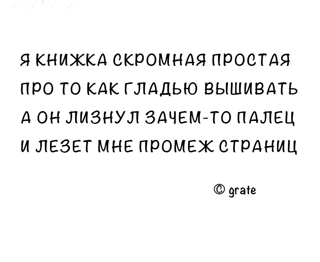 Я КНИЖКА СКРОМНАЯ ПРОСТАЯ ПРО ТО КАК ГЛАДЬЮ ВЫШИВАТЬ А ОН ЛИЗНУЛ ЗАЧЕМ ТО ПАЛЕЦ И ЛЕЗЕТ МНЕ ПРОМЕЖ СТРАНИЦ дгане