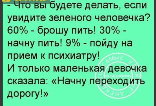 удете делать если увидите зеленого человечка 60 брошу пить 30 начну пить 9 пойду на прием к психиатру И только маленькая девочка сказала Начну переходить дорогу