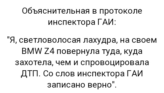 Объяснительная в протоколе инспектора ГАИ Я светловолосая лахудра на своем ВМ 24 повернула туда куда захотела чем и спровоцировала ДТП Со слов инспектора ГАИ записано верноЕ