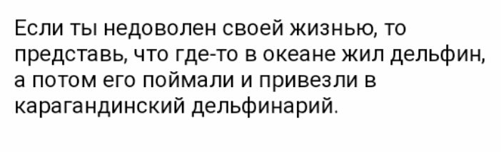 Если ты недоволен своей жизнью то представь что где то в океане жил дельфин а потом его поймали и привезли в карагандинский дельфинарий