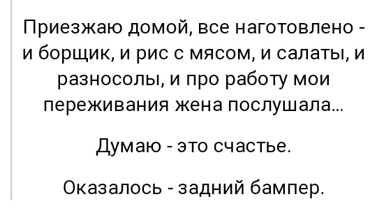 Приезжаю домой все наготовлено и борщик и рис с мясом и салаты и разносолы и про работу мои переживания жена послушала Думаю ЭТО счастье Оказалось задний бампер