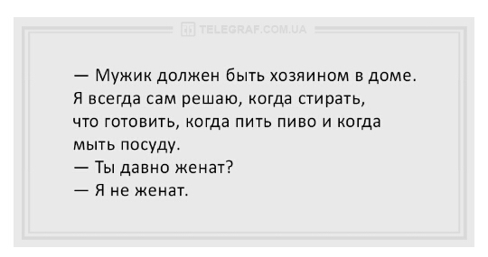 Мужик должен быть хозяином в доме Я всегда сам решаю когда стирать что готовить когда пить пиво и когда мыть посуду Ты давно женат Я не женат