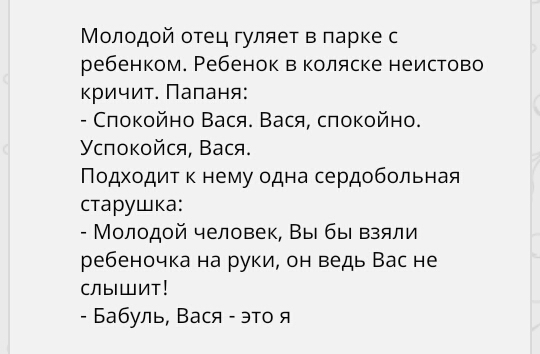 Молодой отец гуляет в парке с ребенком Ребенок в коляске неистово кричит Папаня Спокойно Вася Вася спокойно Успокойся Вася Подходит к нему одна сердобольная старушка Молодой человек Вы бы взяли ребеночка на руки он ведь Вас не слышит Бабуль Вася это я