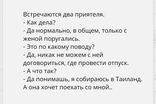 Встречаются два приятеля Как дела Да нормально в общем только с женой поругались Это по какому поводу Да никак не можем с ней договориться где провести отпуск А что так Да понимашь я собираюсь в Таиланд А она хочет поехать со мной