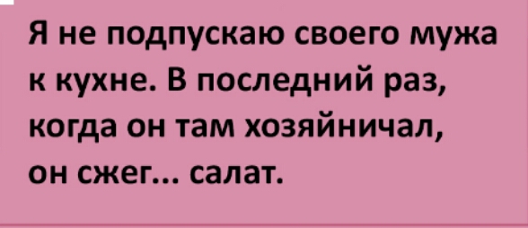 Я не подпускаю своего мужа к кухне В последний раз когда он там хозяйничал он сжег салат