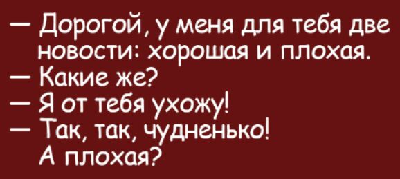 Дорогой у меня для тебя две новости хорошая и плохая Какие же Я от тебя ухожу Так так чудненько А плохая