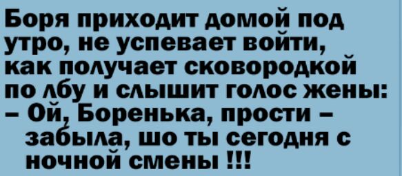 Боря приходит домой под утро не успевает воити как получает сковородкои по фу и сАышит гоюс жены Ои Боренька прости заЁыда шо ты сегодня с ночной смены