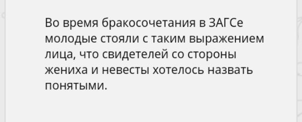 Во время бракосочетания в ЗАГСе молодые стояли с таким выражением лица что свидетелей со стороны жениха и невесты хотелось назвать понятыми