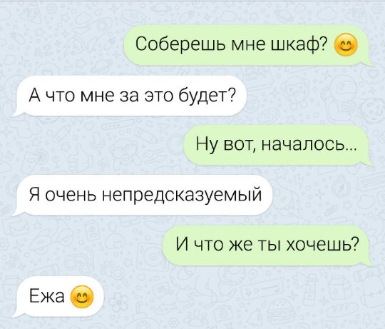 Соберешь мне шкаф А что мне за это будет Ну вот началось Я очень непредсказуемый И что же ты хочешь Ежа с