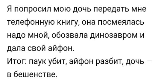 Я попросил мою дочь передать мне телефонную книгу она посмеялась надо мной обозвала динозавром и дала свой айфон Итог паук убит айфон разбит дочь в бешенстве